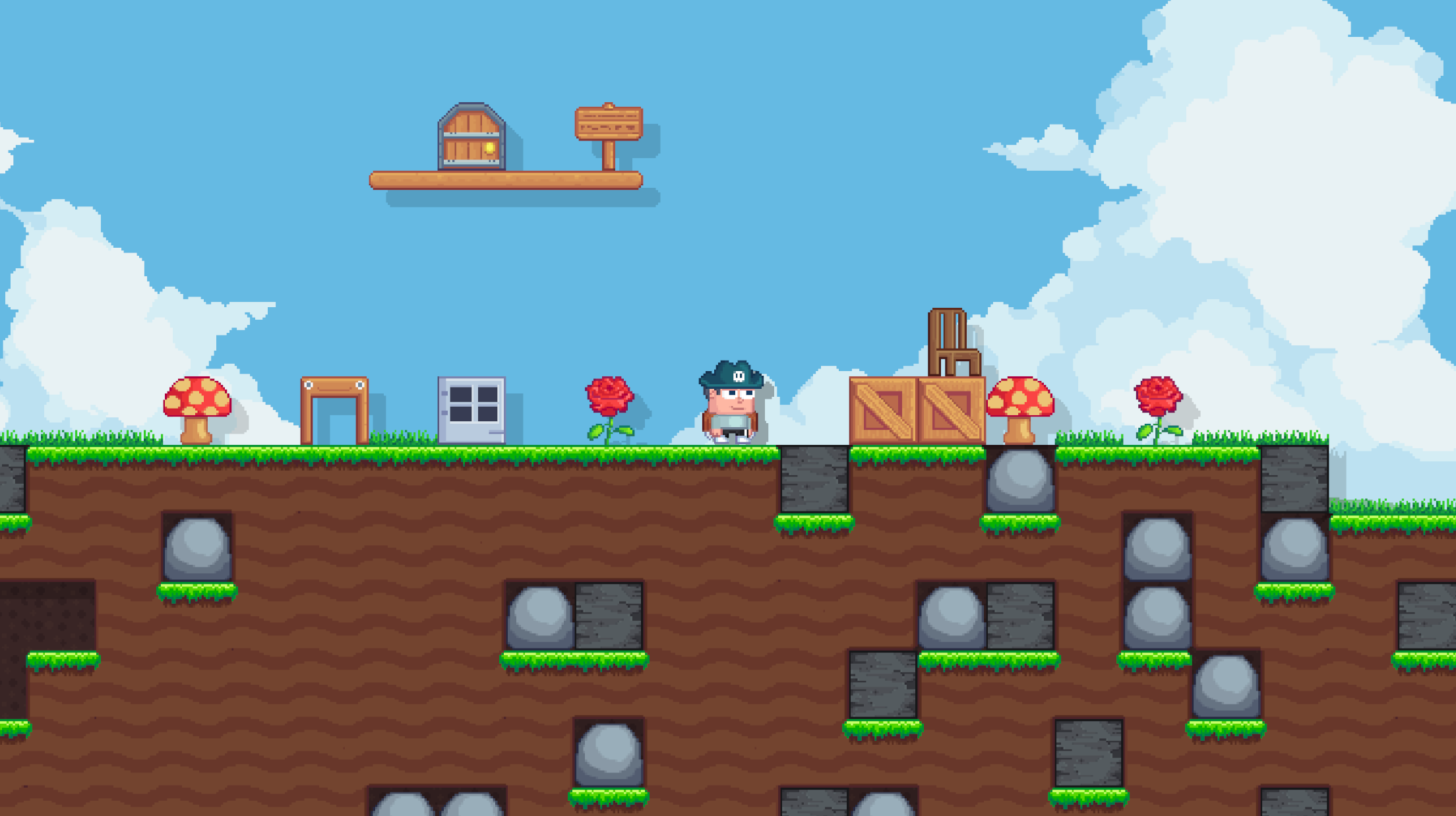 A Gridmere world: grass and dirt blocks, a door, crates and roses